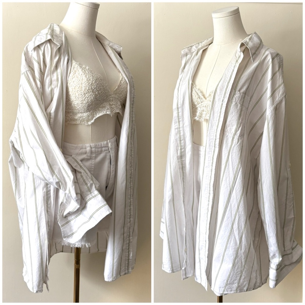 Vintage‎ Oversized White And Green Striped 100% Cotton Long Sleeve Button Up Top